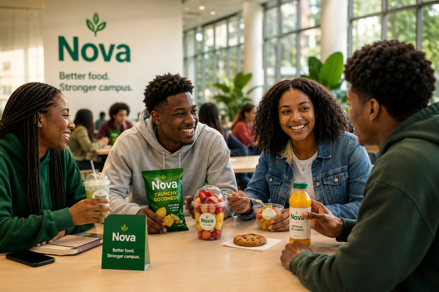University students smiling together in a modern cafeteria with snacks and drinks