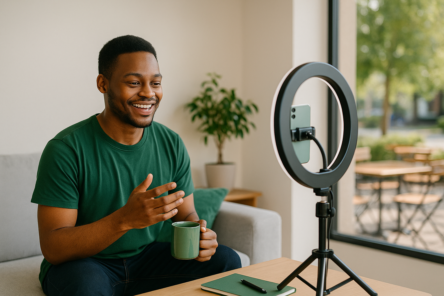 Smiling Nova courier with groceries and phone
